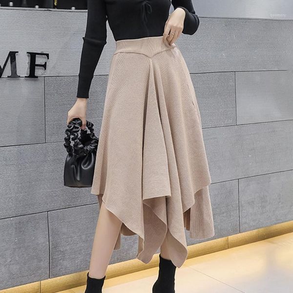 

skirt irregular high waist light coffee color knit slim fashion 2020 fall winter new style women thick elegent vintage trendy1, Black