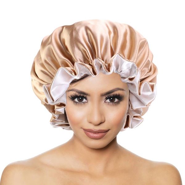 

satin bonnet sleeping cap double color ding big lace nightcap extra large round cap hair care, Blue;gray