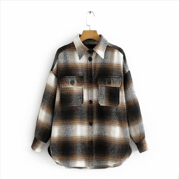 

vintage chic contrast colors patchwork plaid jacket stylish women pockets turn down collar coat casual girls streetwear, Black;brown