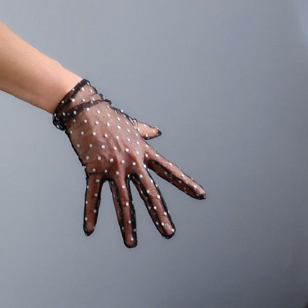 

white women femme fashion gloves polka dot lace short black stretch tulle mesh semi sheer touchscreen daily gloves st362 h jllwsr