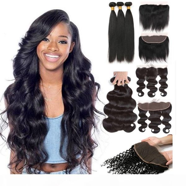 

unprocessed brazilian body wave virgin human hair 3 bundles with 13x4 frontal deep kinky curly straight remy hair extensions and closure, Black;brown