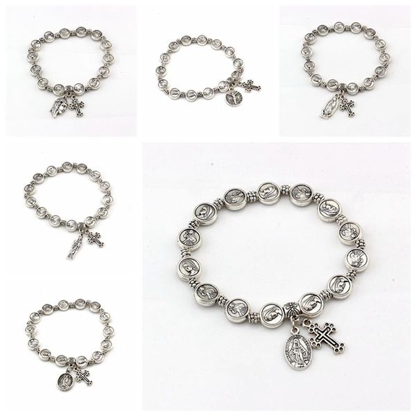 

12pcs antique silver catholic religious alloy strands bracelets bangles for men women christ juses cross virgin mary pendant bangles c-81, Black