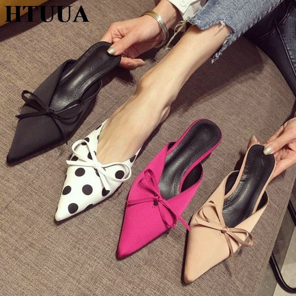 

htuua 2019 new spring summer pointed toe mules shoes women slippers bow small high heel slides ladies elegant sandals sx2168 x1020, Black