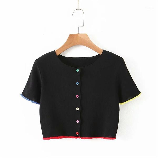 

women fashion black&white knitted 2020 summer-spring women colorful single breasted shirt female o-neck short sleeve blouse1