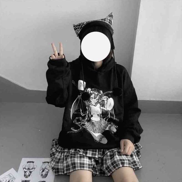 

gothic sweatshirt women anime print black hoodie manga long sleeve oversized sweatshirt japanese streetwear punk top