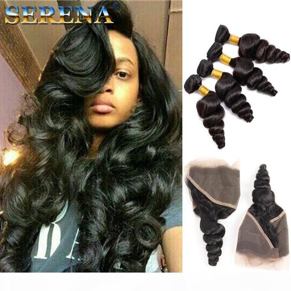 

7a pre plucked lace frontal closure bleached knots with baby hair can be dyed frontal ear to ear body loose deep wave frontal with bundles, Black;brown