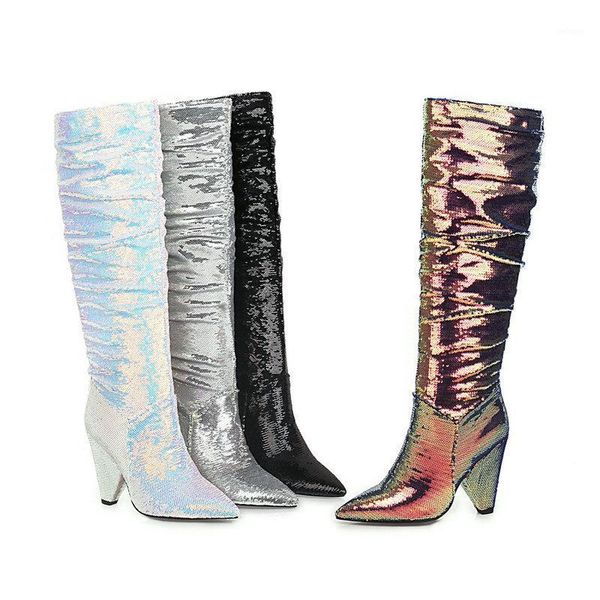 

boots bling women knee high heeled pointed toe long black gold silver blue female autumn wedding shoes woman1