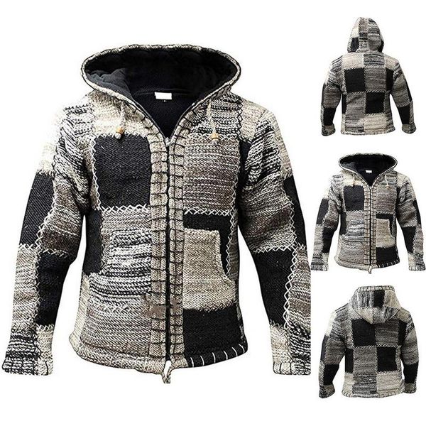 

winter autumn middle-long mens stitching color sweater cardigan trench male warm hooded knitted patchwork jacket coat, White;black