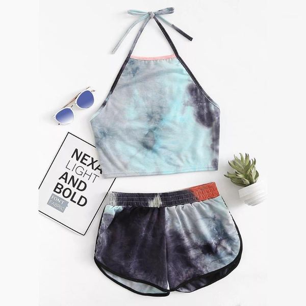 

gym clothing 2021 fashion 2 pieces traksuits halter and shorts pants sports suit for women casual tie-dyed print women's set #31, White;black