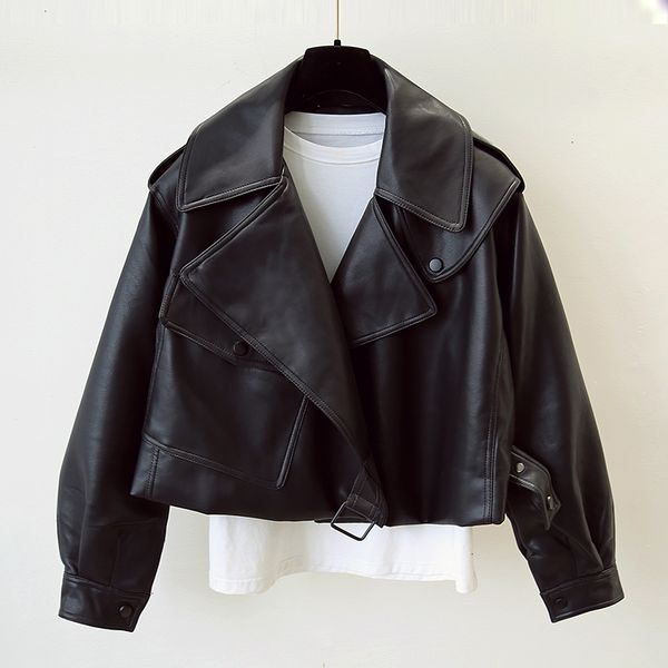 

women's pu motorcycle jacket with belt, dark, spacious, informal coat, spring, 2020
