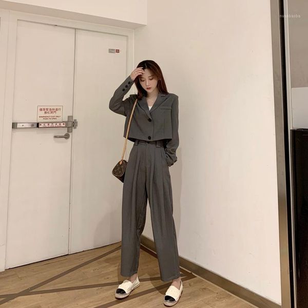 

2020 autumn korean fashion women pant suit short elegant blazer & high waist ankle length wide leg trousers 2 peice set q371, White