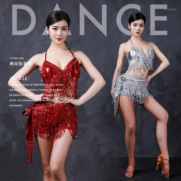 

2-pcs stage performance costume shiny sling sleeveless sequin tassel latin jazz cha-cha ballroom women dance dress vestido1, Black;red