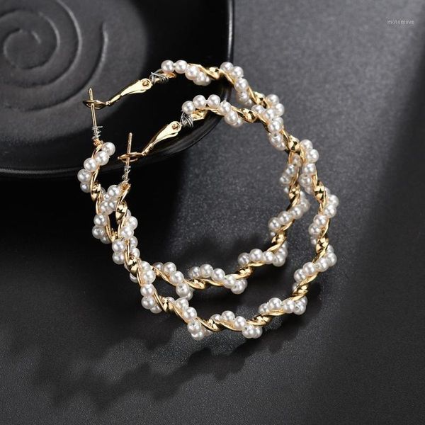 

hoop & huggie korea geometric twisted pearl earrings for women girls circle around exaggerated brinco jewelry gifts1, Golden;silver