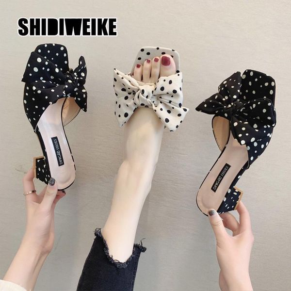 

sweet slippers high heels women polka dot bow sandals 2021 casual square outddor slippers sandal female outside wave point va575, Black