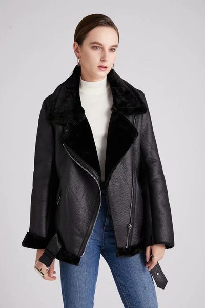 

women's leather & faux 2021 winter women warm jacket solid color motorcycle style lapel fleece thick coat, Black