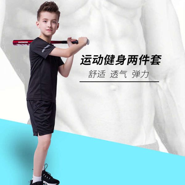 

fitness training suit men's tights children's short sleeve football basketball youth running bilateral pockets, Gray