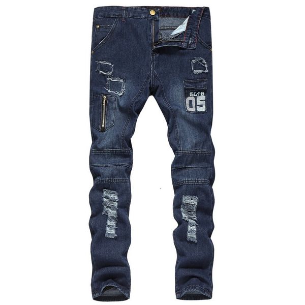 

men's distressed stretch ripped hip hop slim fit punk denim cotton zipper black jeans men, Blue
