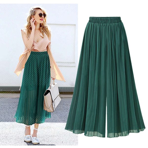 

summer new pleated skirt women's large chiffon nine point wide leg pants, Black;gray