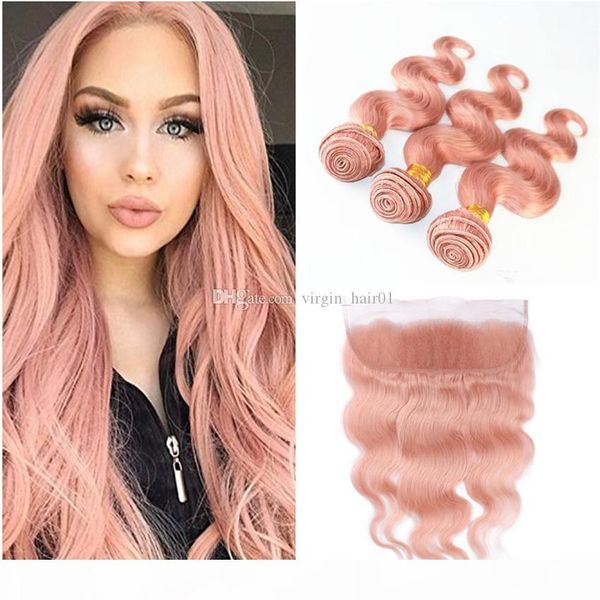 

rose gold human hair weaves with lace frontal body wave pink hair with 13x4 full lace frontal closure virgin brazilian remy hair bundles, Black;brown