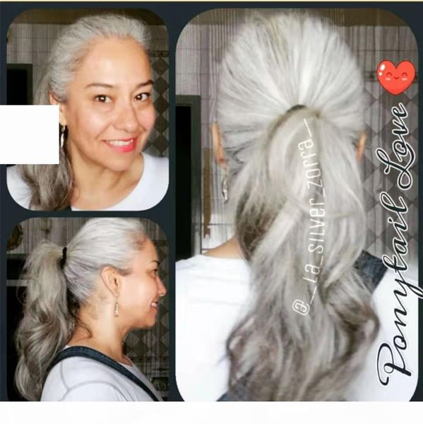 

white blonde two tone blend silver grey salt & pepper human hair ponytail hairpiece wraps wavy pony tail 100g-140g, Black