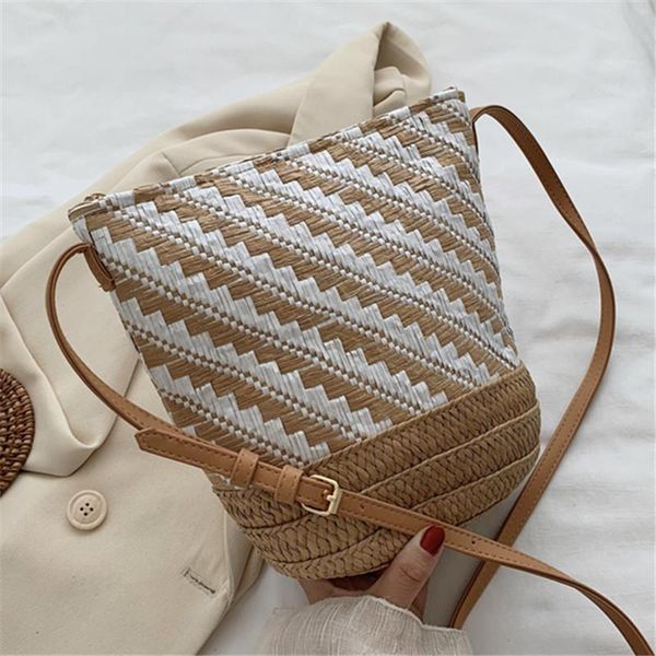 

new women bucket straw bag vintage handmade woven shoulder bag beachrattan ladies crossbody bags bohemian summer casual bags