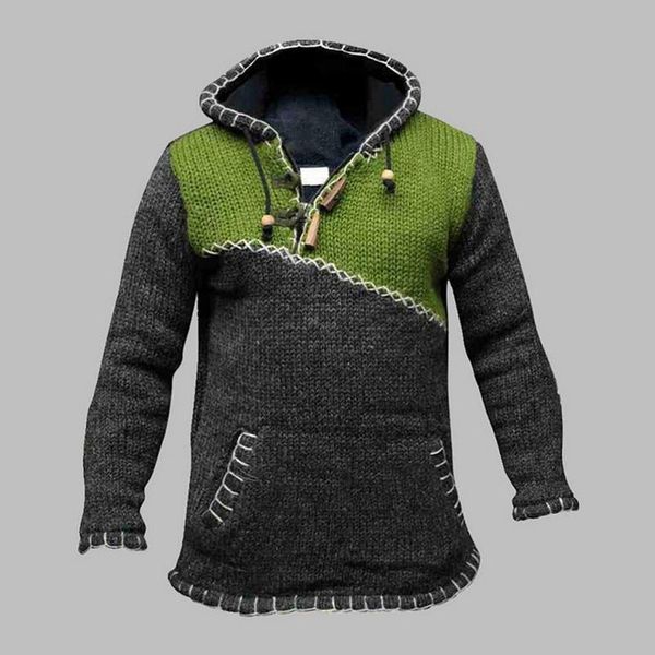 

men hooded knitted warm stitching color sweater loose sweater long sleeve drawstring 2020 autumn winter fashion male, White;black