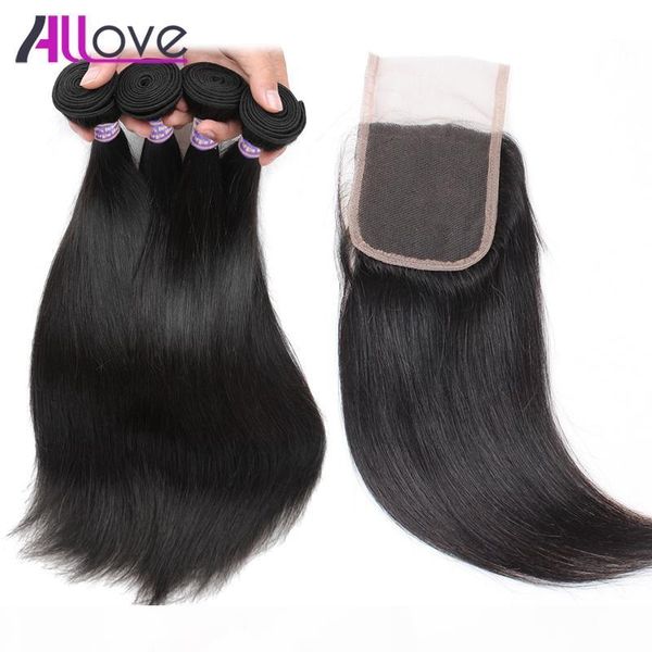 

allove оптового 10а бразильских человеческих волосы straight 4bundles с lace closure малазийских переплетений перуанского extensions волоса, Black