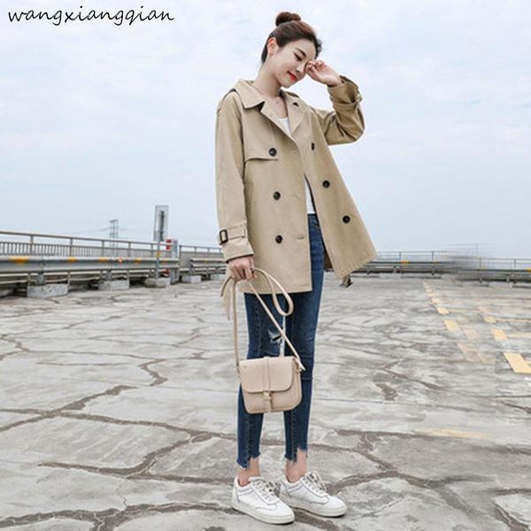 

women's trench coats korean version spring autumn pure colorn waist suit collar double breasted coat woman windbreaker female a501, Tan;black