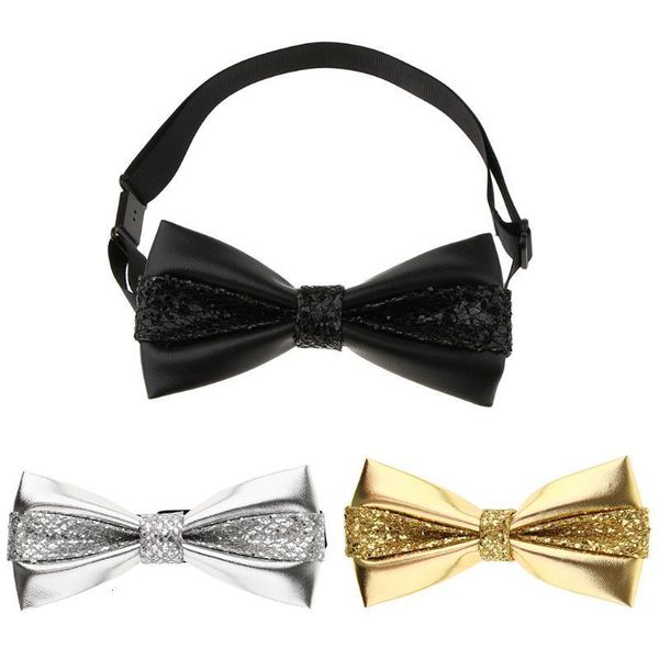 

shining pu leather sequins pre wedding men's tied bowtie tuxedo necktie, Black;gray