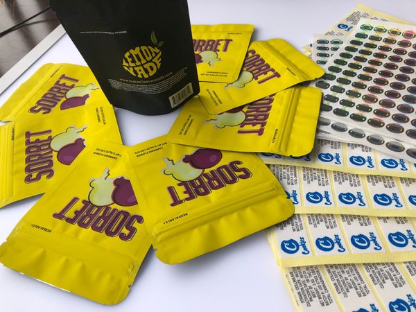 

3.5g and mylar edibles packaging cookies bags california sorbet hologram flavors label yellow stickers bags bbyli packing2010
