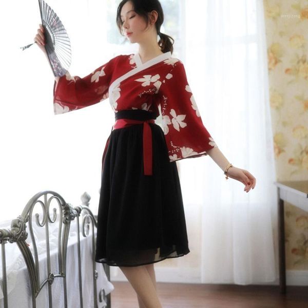 

novelty lingerie japanese style dress kimono women yukata +skirt vintage long sleeve female geisha girls homewear1, Red