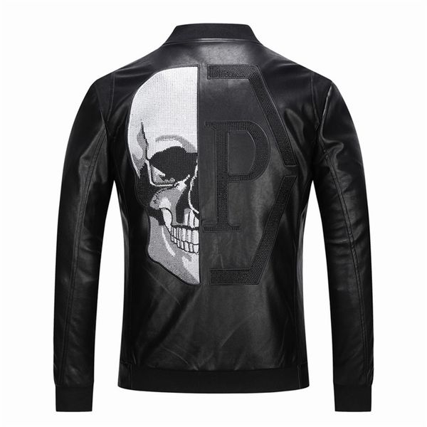 

skull rhinestones pu jackets men black high street stand-neck zipper rib sleeve streetwear motorcycle faux leather coats 201114, Black;brown