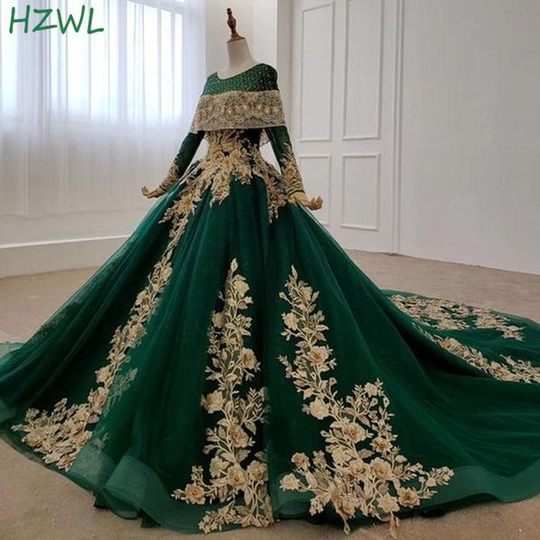 Dubai Verde Escuro Evening vestidos de ouro Flora apliques de mangas compridas A Linha Prom Vestidos Arábia Saudita Trem da varredura Robe De Soiree