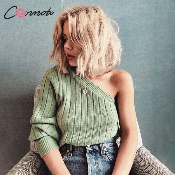 

conmoto ribbed one shoulder sweaters autumn winter jumper pullovers knitted sweater solid green female knitwear sueter y200720, White;black