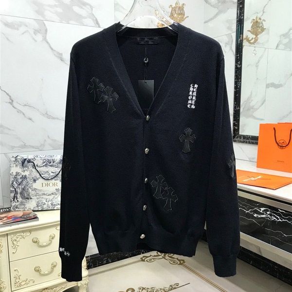 

2020 зимняя мода новый кардиган свитер кросин крест кожаная вышивка мужская и женская повседневная, Black;brown