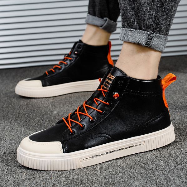 

vulcanized men casual high sneakers boys school sport shoes leather tennis 2020 new, Black