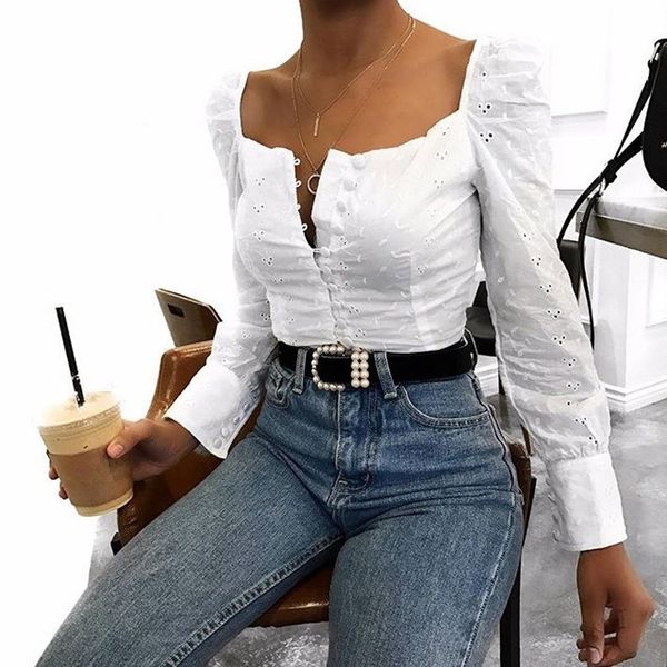 

elegant square neck long sleeve lace crochet blouse shirt women button down white crop summer high street blusas t200322