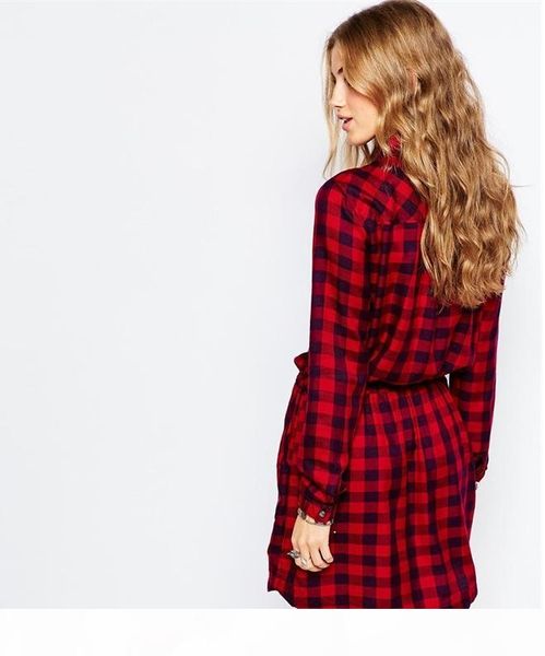 

the european and american fashion women s clothing red plaid long shirts dress lapel long-sleeved dresses for women 2016 sale, Black;gray