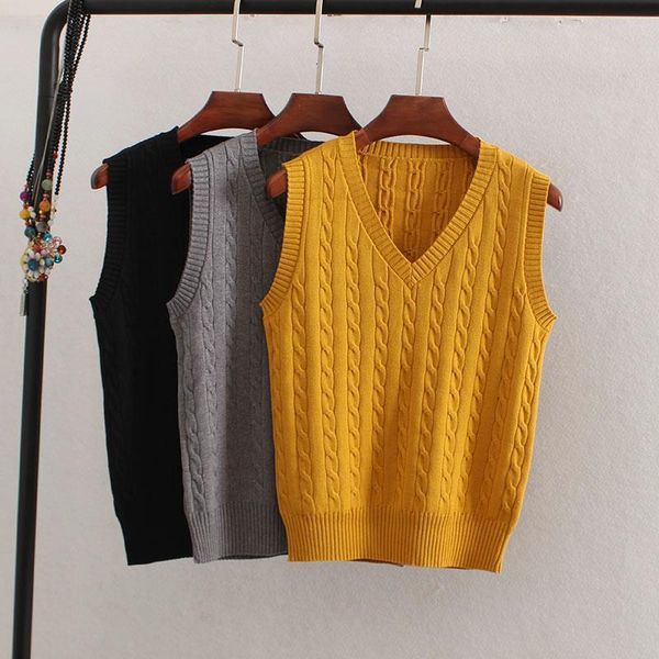 

korean wool sweater vest spring autumn women v neck knitted vest female casual tank tees sleeveless twist knit pullovers, White;black