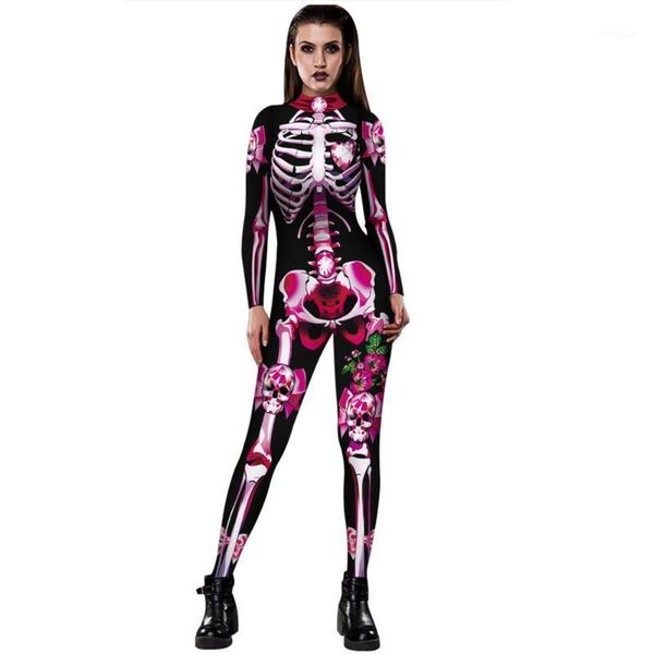 

goocheer 3d print rose skeleton costume jumpsuit scary halloween costumes for women mechanical skull plus size bodysuit1, Black;white