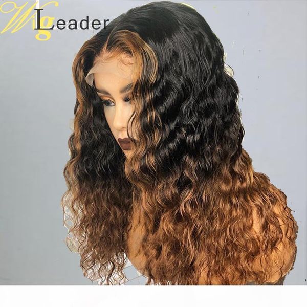 

wigleader highlight ombre remy human hair curly lace front wig preplucked glueless lace frontal wigs with baby hair curly wigs, Black;brown