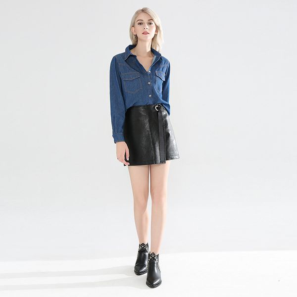 

2021 new autumn women blouse fashion lapel denim lapel solid color button pocket thin section coat street hipster women, White