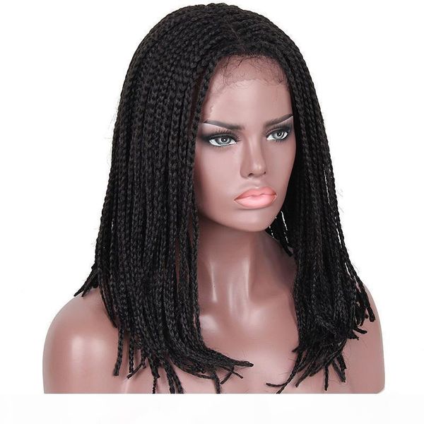 

short braided lace wigs heat resistant short bob synthetic hair wig box micro braid lace front african american braided wigs, Black;brown