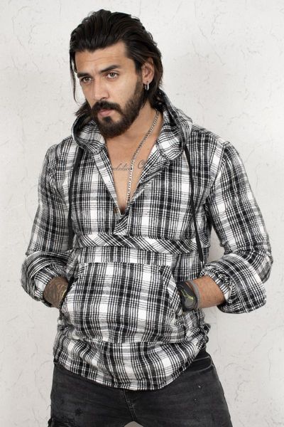 

deepsea hooded kangaroo pocket long sleeve lumberjack shirt 2101213, White;black