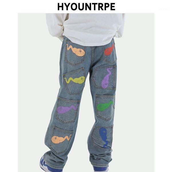 

high street printed patchwork pockets denim pants mens straight zipper jeans trouser hip hop streetwear loose joggers jean pants1, Blue