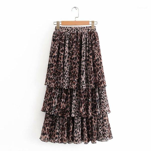 

djf9050 ms - 68 european and american wind new leopard print elastic waist cake pleated skirts1, Black