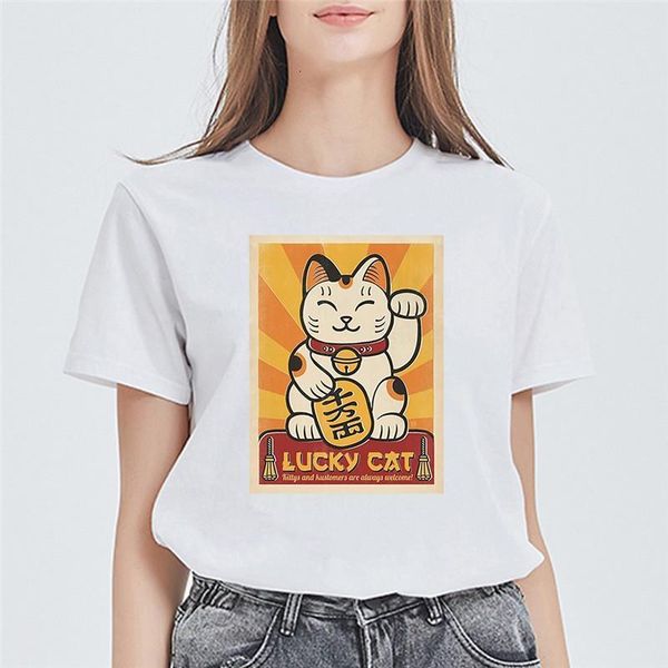 

новая футболка летом футболка женская футболка плутус кошка печатается счастливый японский кот harajuku футболки плюс размер хлопчатобумажны, White