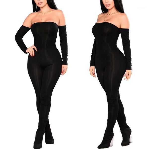 

off shoulder romper women stretch clothes set long sleeve bodycon clubwear playsuit jumpsuit skinny fitness outfit overalls1, Black;white