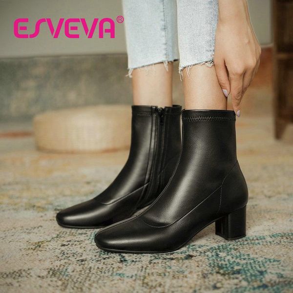 

esveva 2021 quality pu round toe short plush women boots autumn winter square high heel boots zipper women shoes size 34-39, Black
