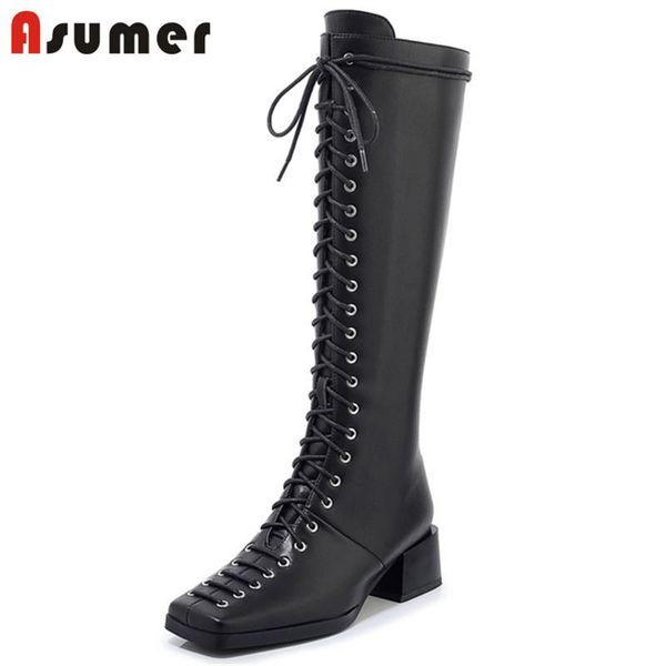 

boots asumer fashion motorcycle riding women cross tied square toe zip autumn winter shoes knee high, Black